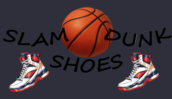 Basketball with 'SLAM DUNK SHOES' text and high-top sneakers on a dark background